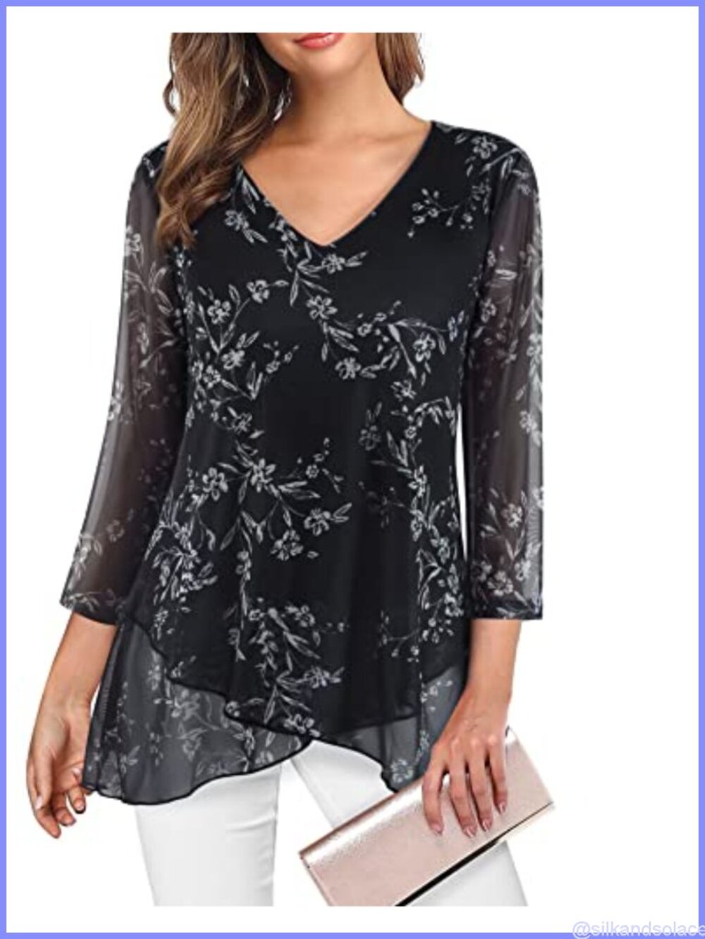 Women's 3/4 Sleeve Tunic Top Mesh Shirt Double Layer A-Line